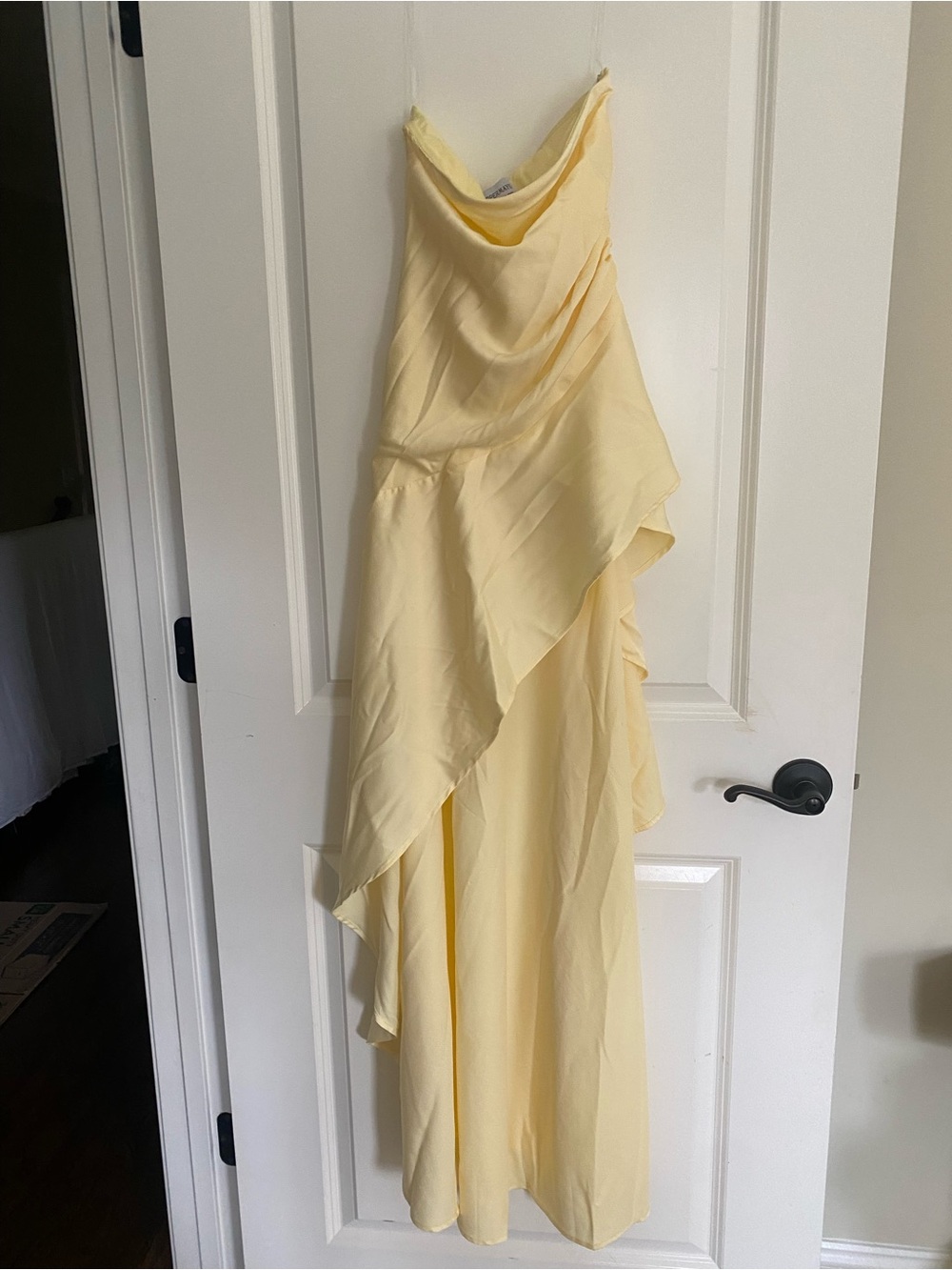 Peppermayo Light Yellow Strapless Draped Asymmetrical Gown